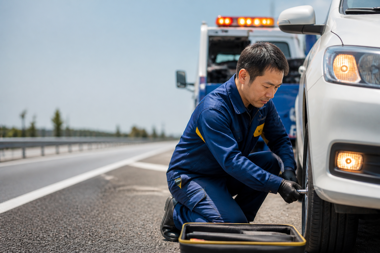 男性の専門スタッフが現地で車の安全確認と作業を行う様子