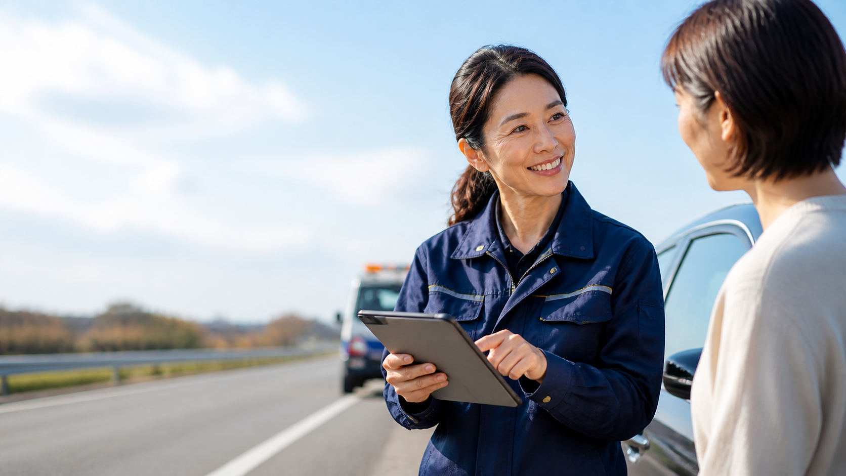 女性スタッフがドライバーにタブレットで料金を説明する様子