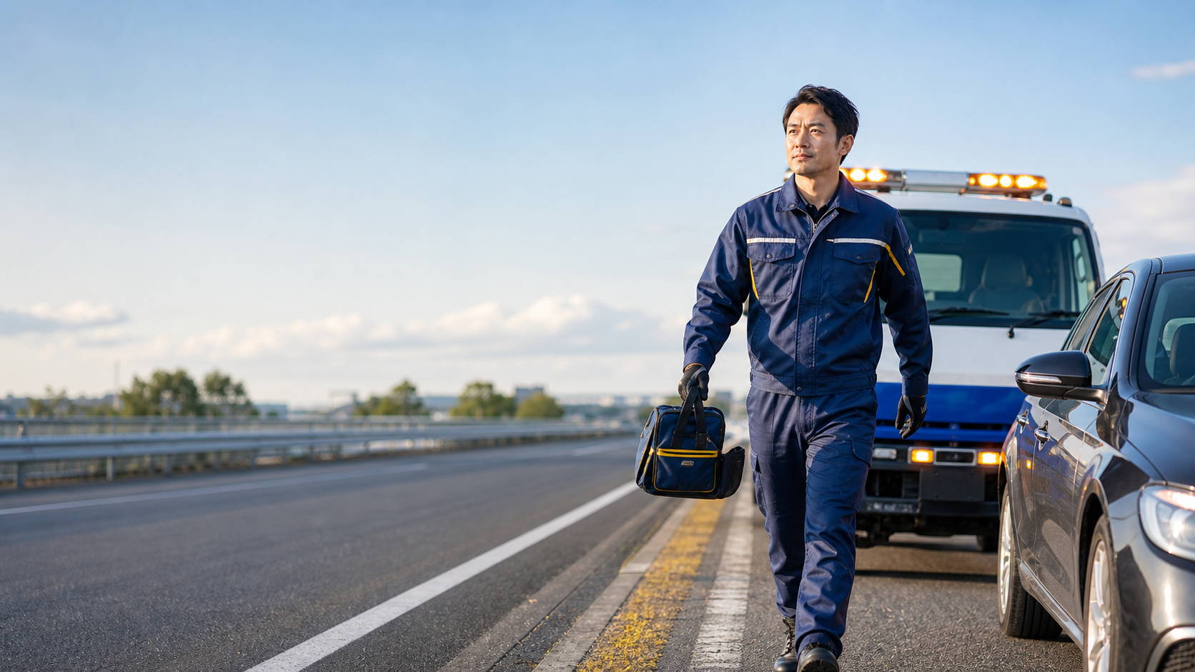ロードサービスの男性スタッフが車へ急行する様子