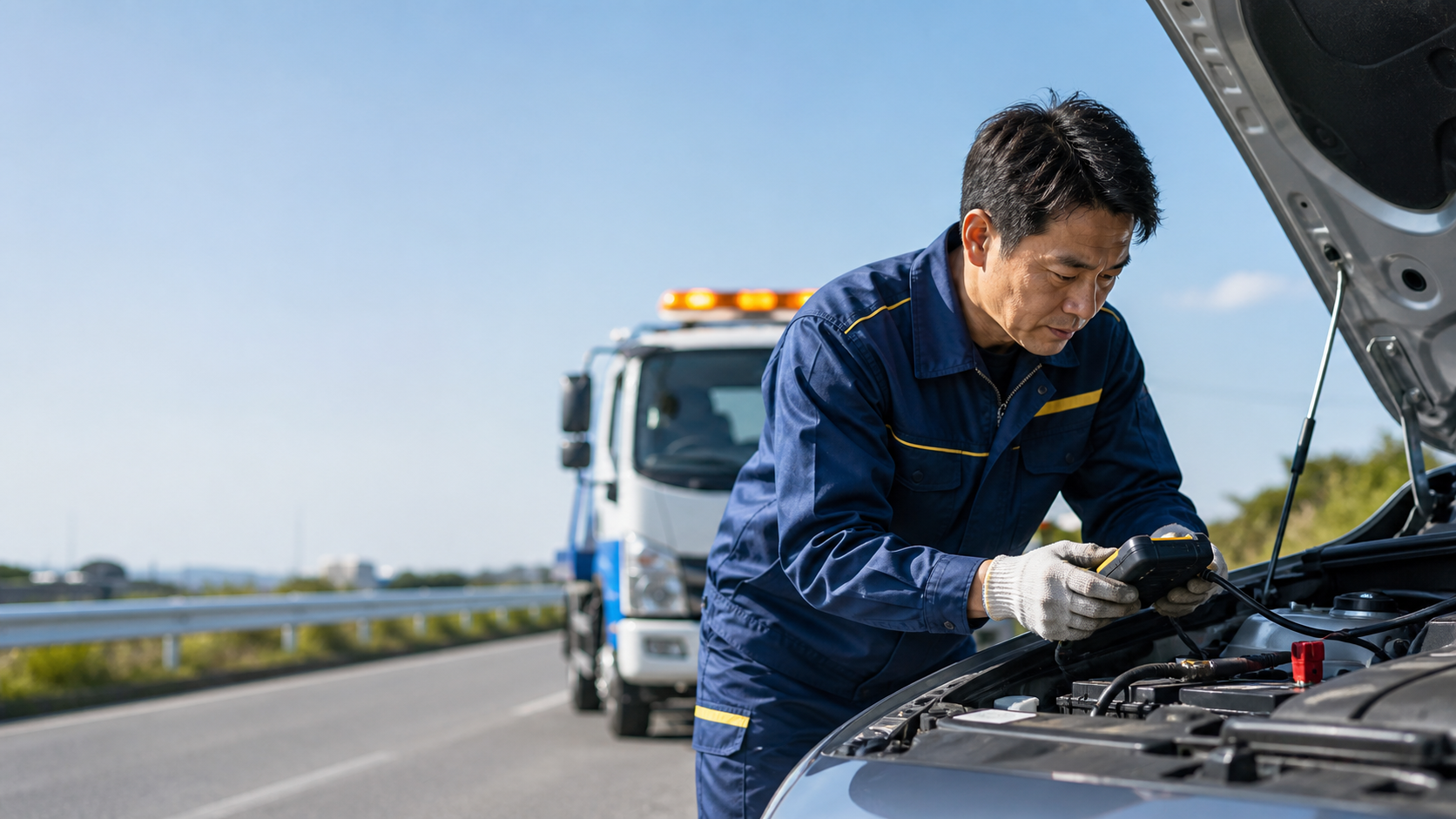 男性の専門スタッフが車のバッテリーを点検する様子